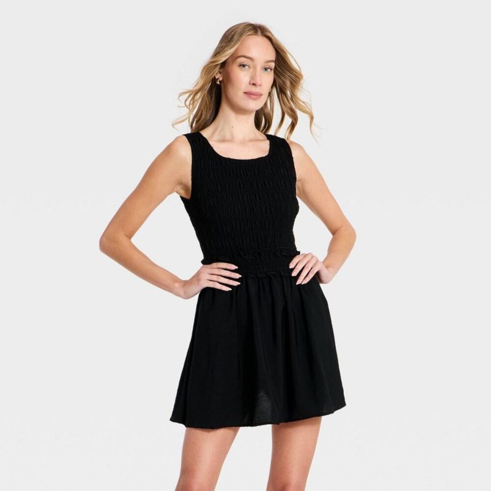 Women's Smocked Mini A-Line Dress - A New Day Black XL